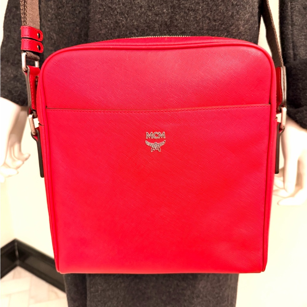MCM Bright Red Leather Crossbody Shoulder Bag